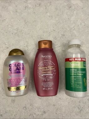 3 hydrating conditioners; Aveeno Blackberry Quinoa Protein Blend, OGX & Suave